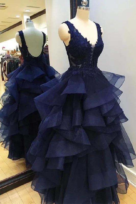 Navy Blue V-neck Open Back Lace Prom Dress Quinceanera Dress Ball Gown