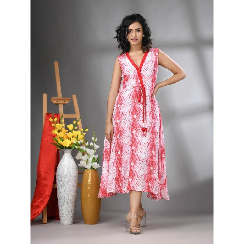 CHARUKRITI White and Red Rayon Shibori Printed Ethnic Dress
