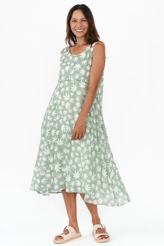 Rina Sage Leaf Cotton Pocket Dress