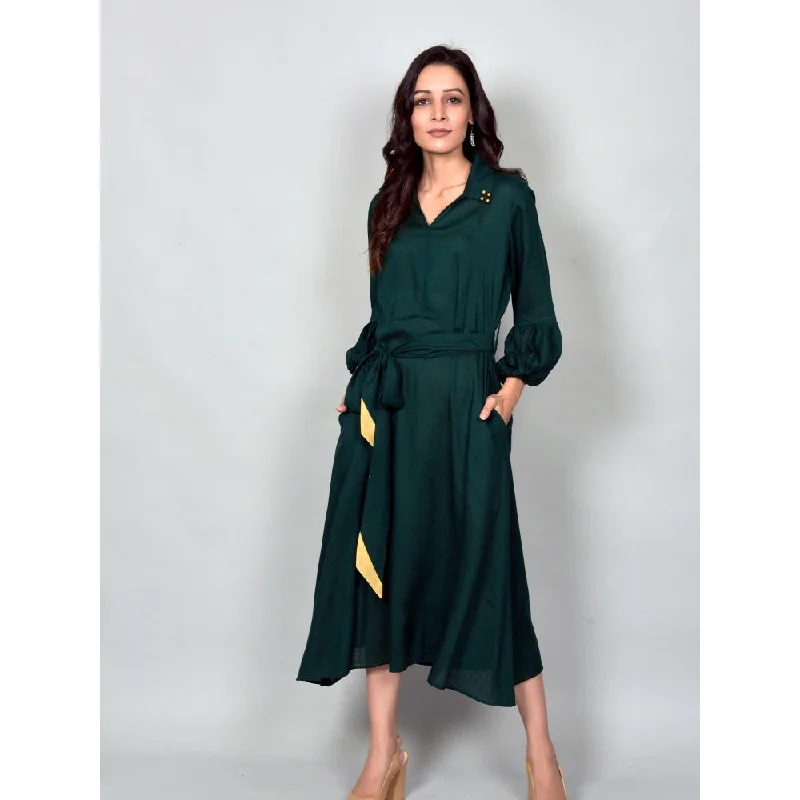 Empress Pitara Kiara Emerald Green Cotton Dress With Belt
