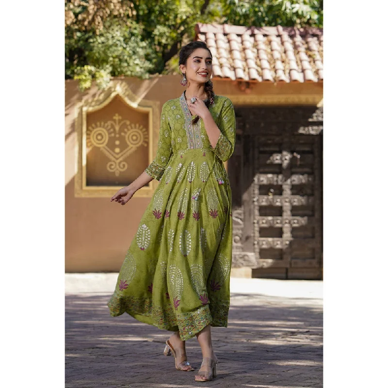 Juniper Green Rayon Printed Flared Dress