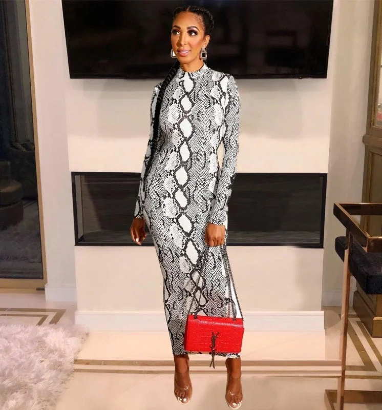Snake Print Long Sleeve Zipper Bodycon Long Dress