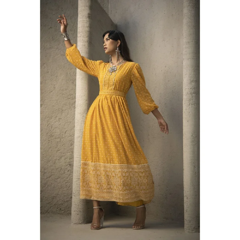 Juniper Mustard Georgette Festive Khadi Print Flared Dress For Women (Set Of 2)