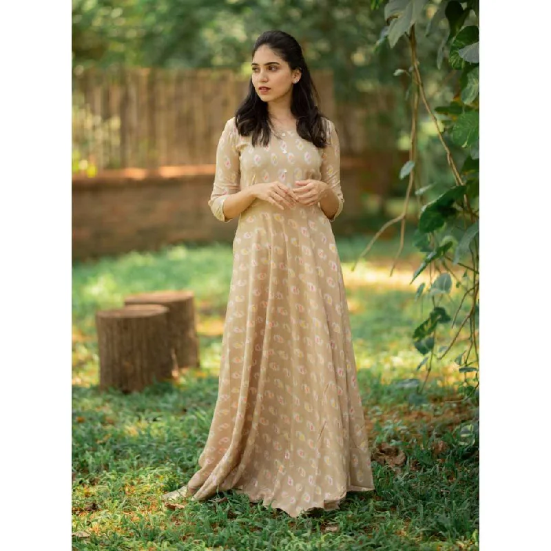 Vinya Beige Rayon Printed Fit & Flare Dress with Shell Button Detailing