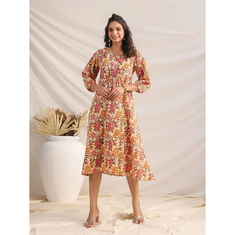 Janasya Womens Yellow Cotton Floral Gathered Dress