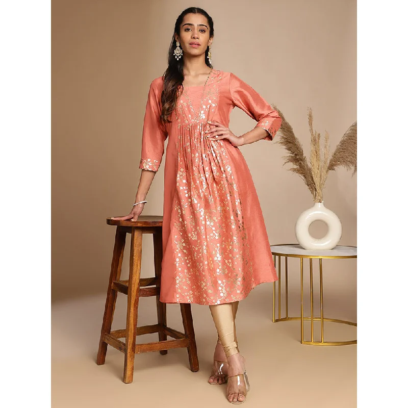 Janasya Womens Peach Silk Crepe Floral Panelled Dress