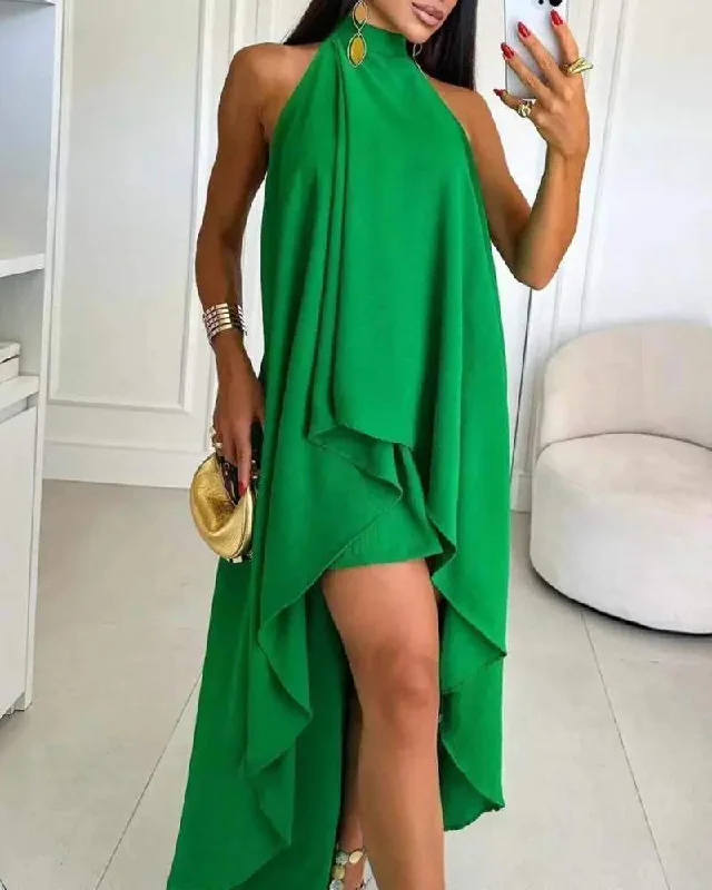 HALTER BACKLESS TIED DETAIL ASYMMETRICAL DRESS