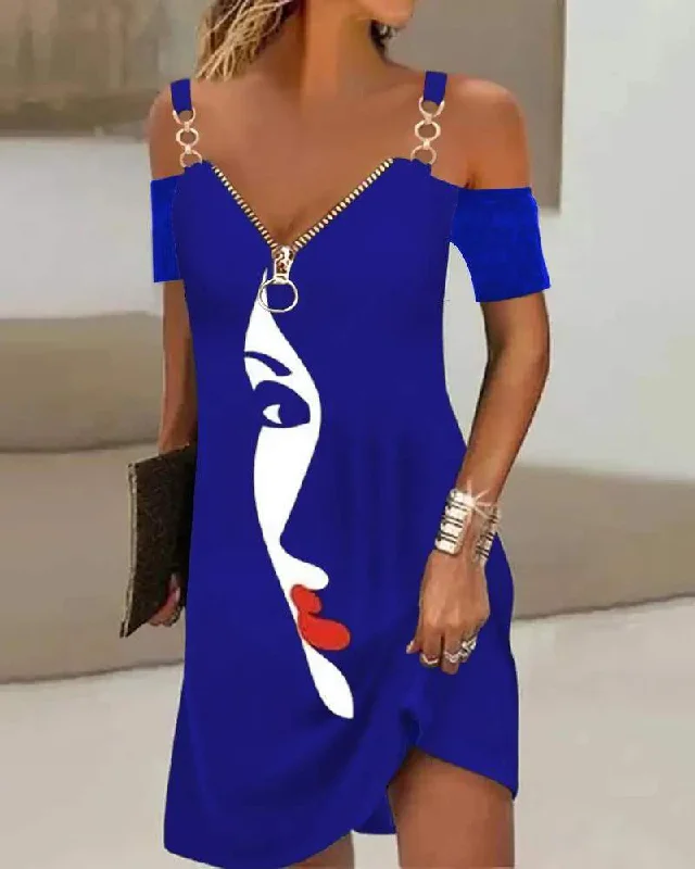 ABSTRACT FIGURE PRINT COLD SHOULDER CASUAL DRESS