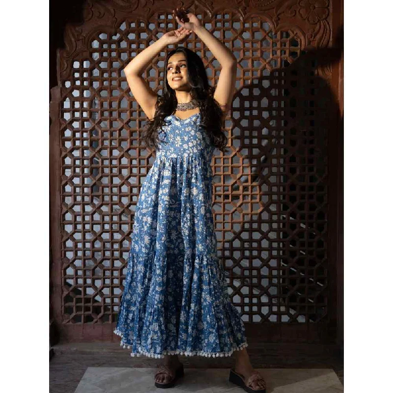 Divena Indigo Floral Printed Shoulder Strip Long Dress