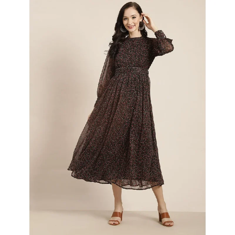 Juniper Black Alphin Chiffon Flared Printed Dress With Tie-Up Belt
