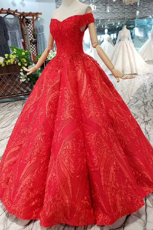 Formal Red Off The Shoulder Lace Up Ball Gown Princess Prom Dress