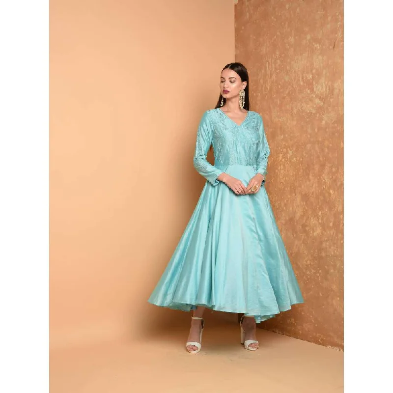 Kaanchie Nanggia Turquoise Silk Embroidered Anarkali Dress