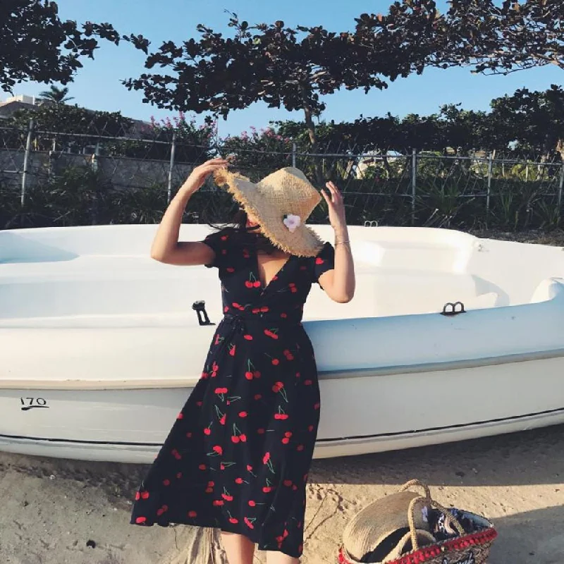 Red Floral V Neck Wrap Bow Tie Split Dress