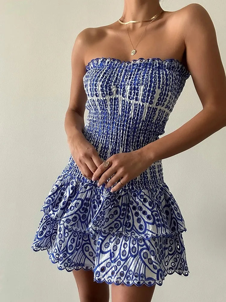 Colourblock Embroidery Women's Strapless Sleeveless High Waist Patchwork Folds Slimming Dresses
