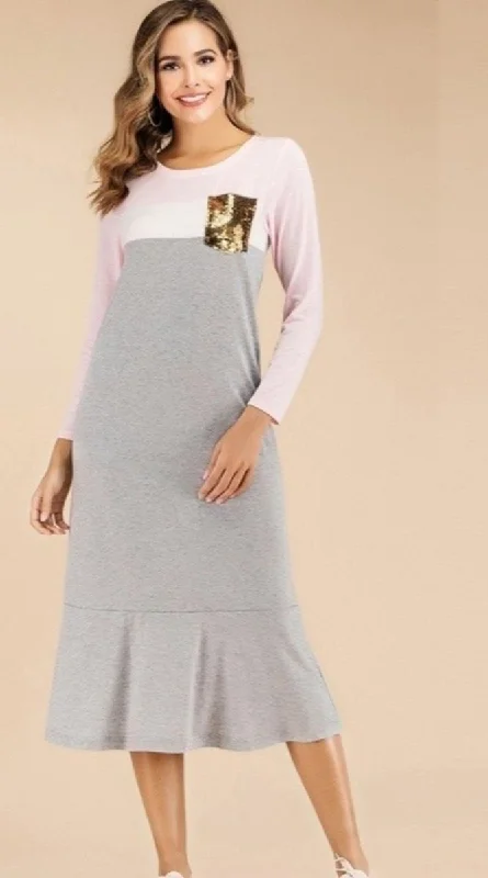Patchwork Sequin Pocket Loose Long Dress