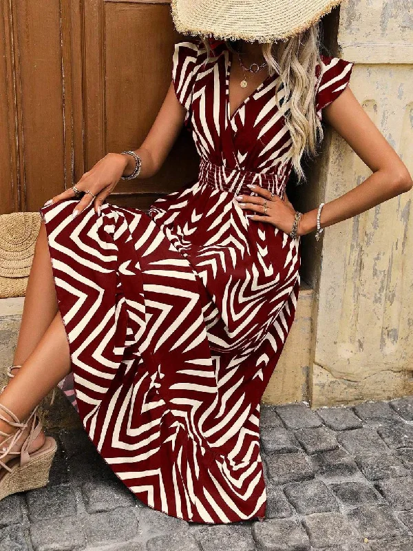 LUNE HOLIDAY CASUAL COLOR BLOCK STRIPED DRESS WITH RUFFLE TRIM PLEATED AND CINCHED WAIST
