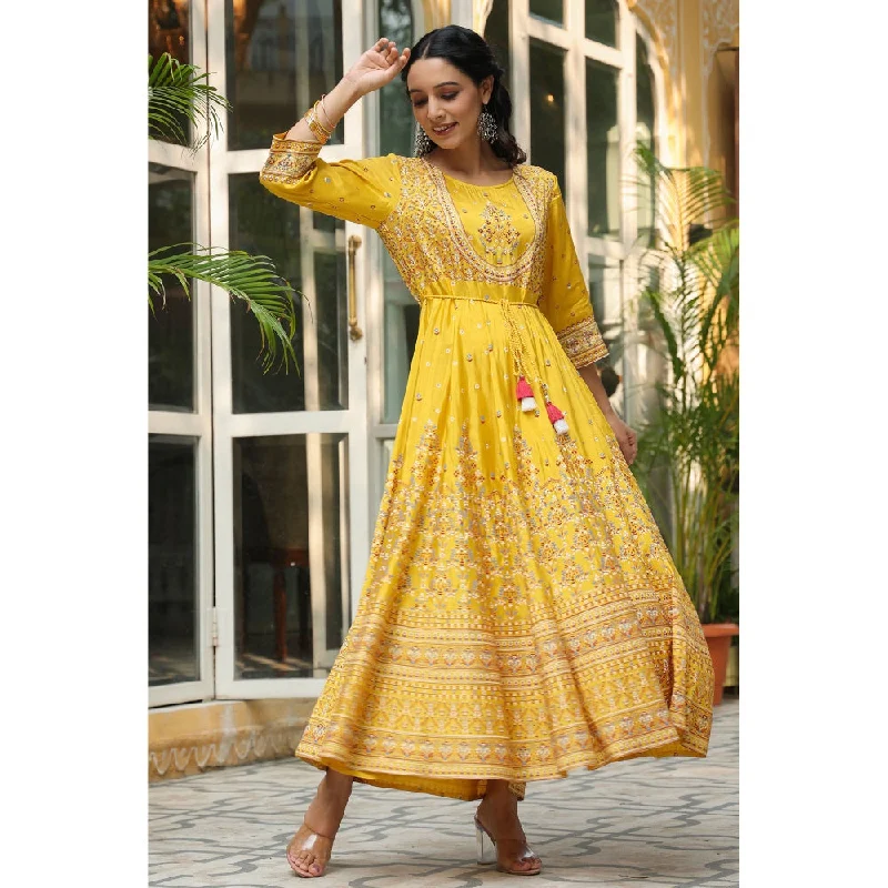 Juniper Womens Mustard Viscose Shantoon Festive Printed Flared Dress (Set of 2)