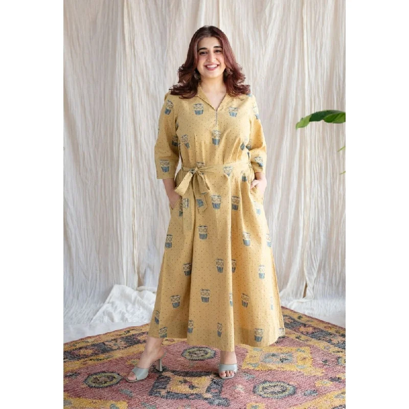 The Indian Ethnic Co. Yellow Ajrakh Cotton Printed Collar Neck Dress with Belt (Set of 2)