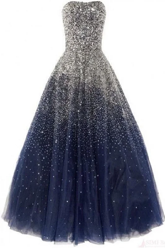 Sparkly Sequin Navy Blue And Silver Strapless Ball Gown Princess Prom Dress