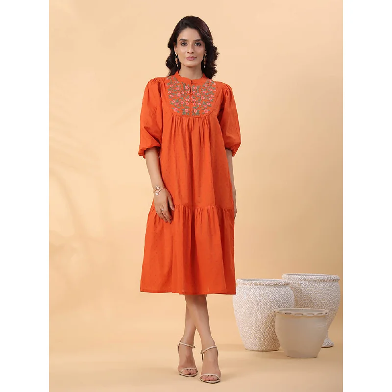 Janasya Women Rust Dobby Cotton Embroidered Dress