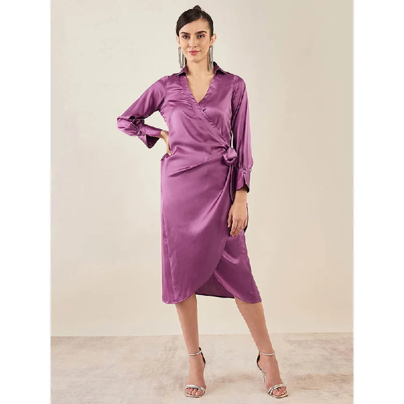 First Resort by Ramola Bachchan Lilac Wrap Around Embellished Satin Mid Length Dress
