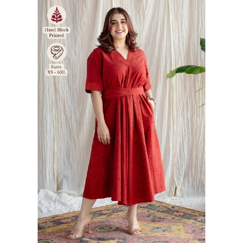 The Indian Ethnic Co. Red A-Line Ajrakh Printed Dress with V Neck & Hand Embroidered