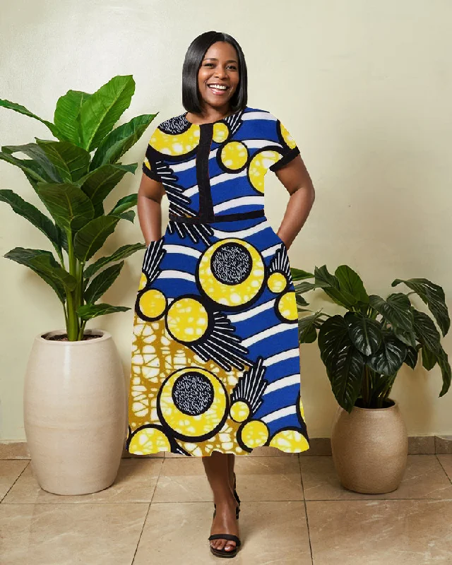 African Geometric Ethnic Print Round Neck Loose Hem Pocket Dress