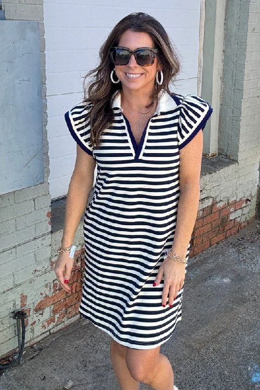 Striped Ruffle Sleeve Trim Dress-Navy