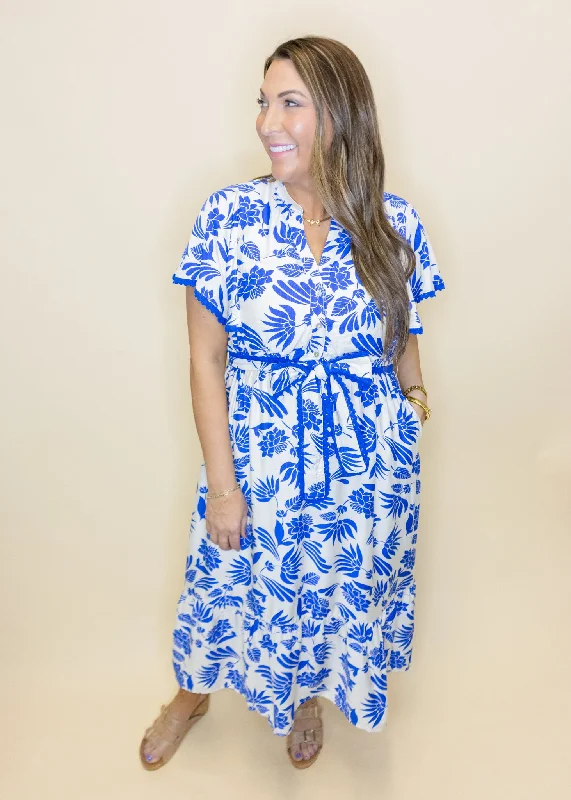 Blue Floral V-Neck Belted Dress