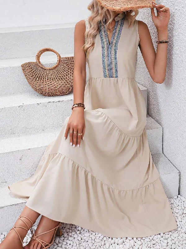 VCAY CONTRAST LACE RUFFLE HEM SMOCK DRESS