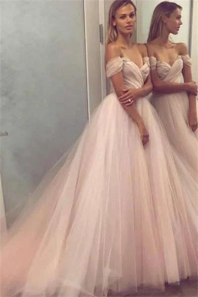 Girly Pink Off The Shoulder Lace Up Beading Princess Prom Dress Ball Gown