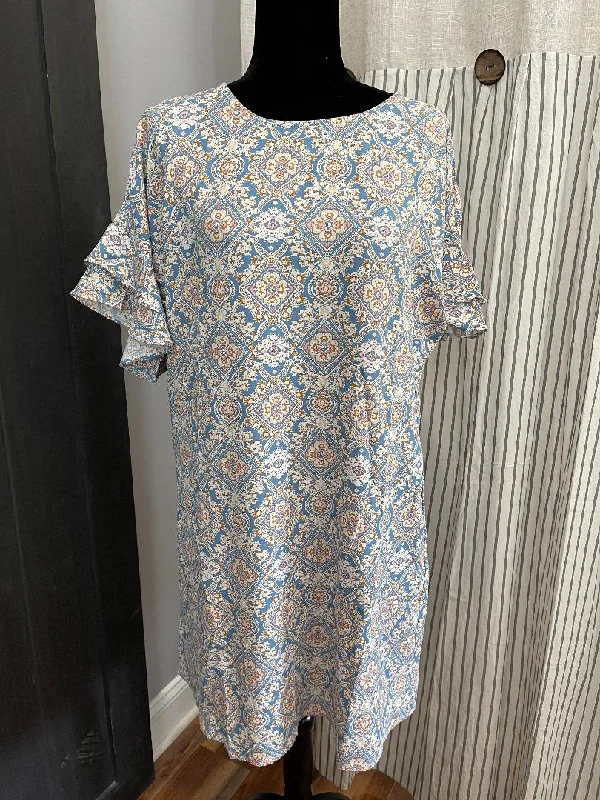 Light Blue Print Dress with Ruffle Sleeves