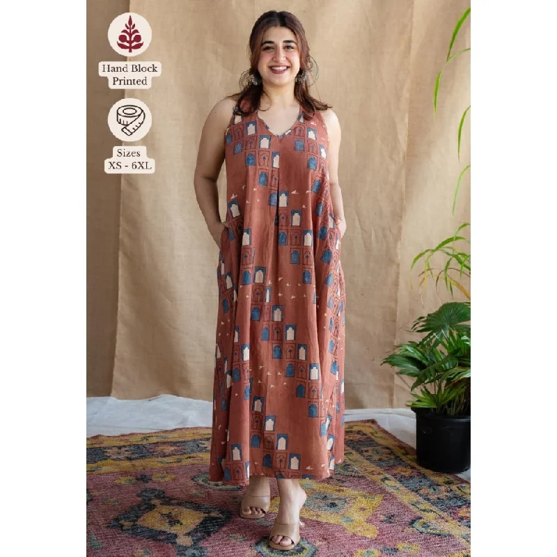The Indian Ethnic Co. Brick Brown A-Line Ajrakh Printed Dress with V Neck & Sleeveless