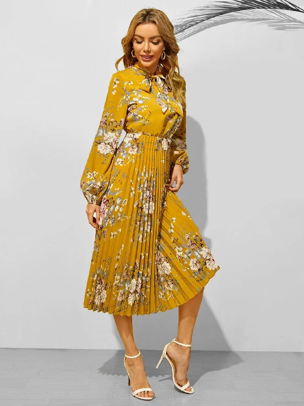 TIE NECK LANTERN SLEEVE PLEATED FLORAL DRESS