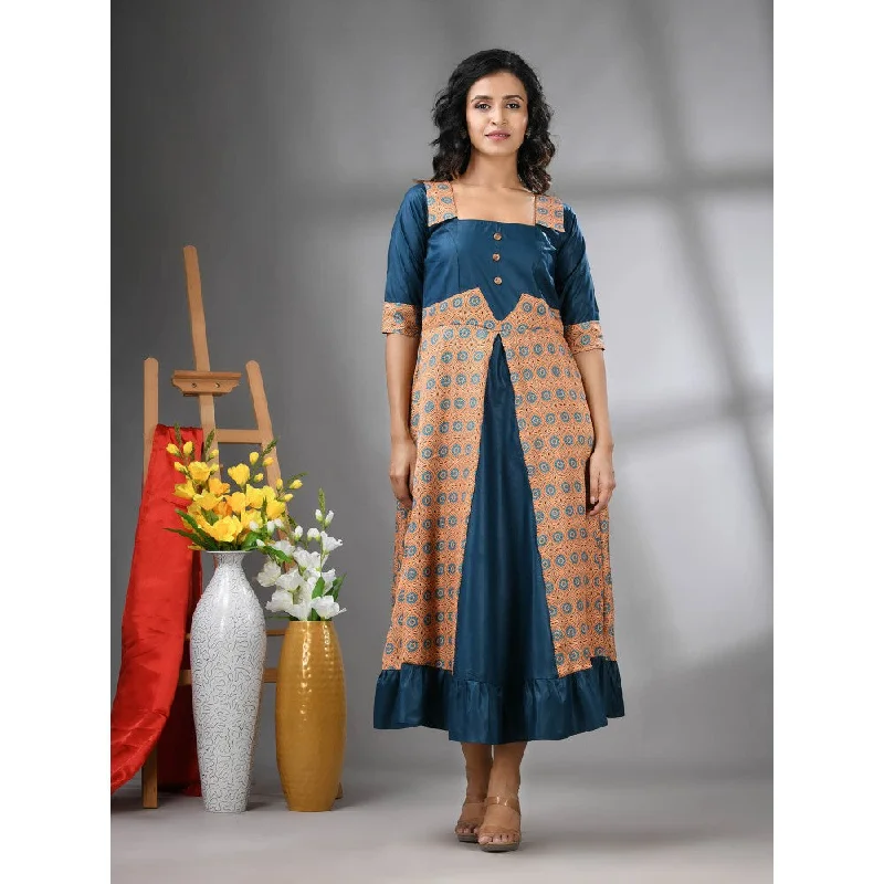 CHARUKRITI Teal Modal Ruffled Ethnic Dress with Ajrakh Print