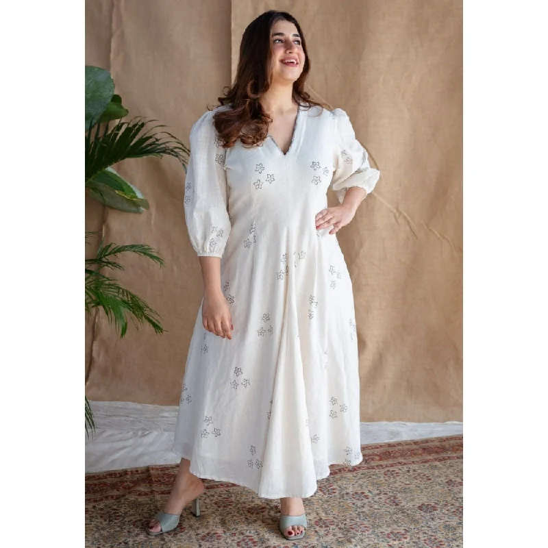 The Indian Ethnic Co. Natural White Dabu Slub Cotton Hand Printed Dress
