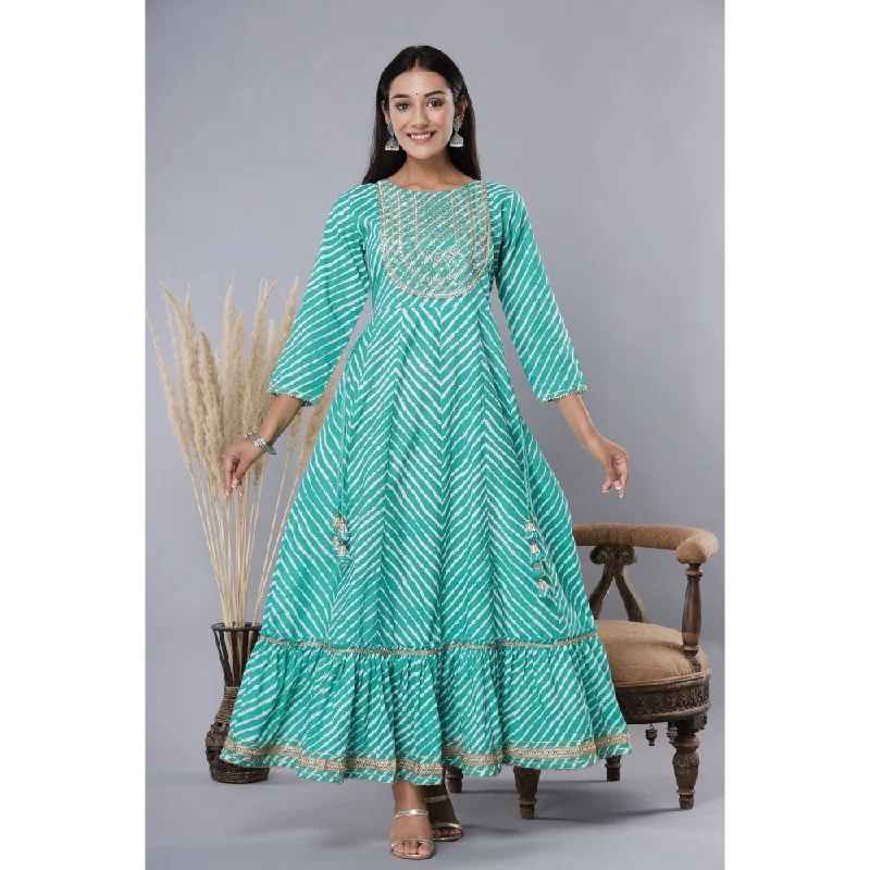 Juniper Womens Green Striped Embroidered Mirror Work Sequin Cotton Flared Dress