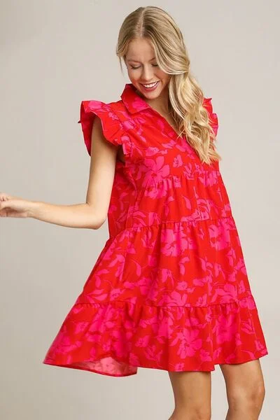 Floral Print Ruffle Cap Sleeve Tiered Dress