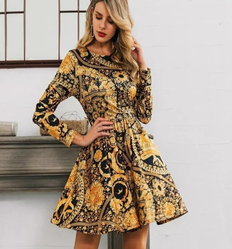 Vintage Long Sleeve Gold Elegant Dress