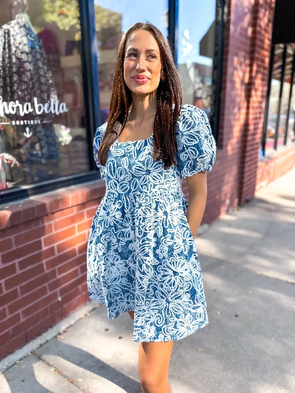Floral Emb Puff Dress - Denim