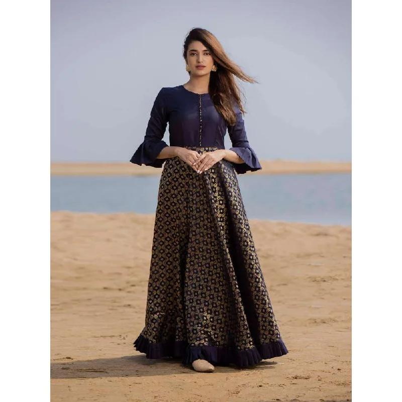 Vinya Blue Dupion Cotton & H&loom Banarasi Fit & Flare Dress