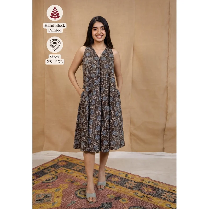 The Indian Ethnic Co. Charcoal A-Line Ajrakh Cotton Hand Block Printed Dress