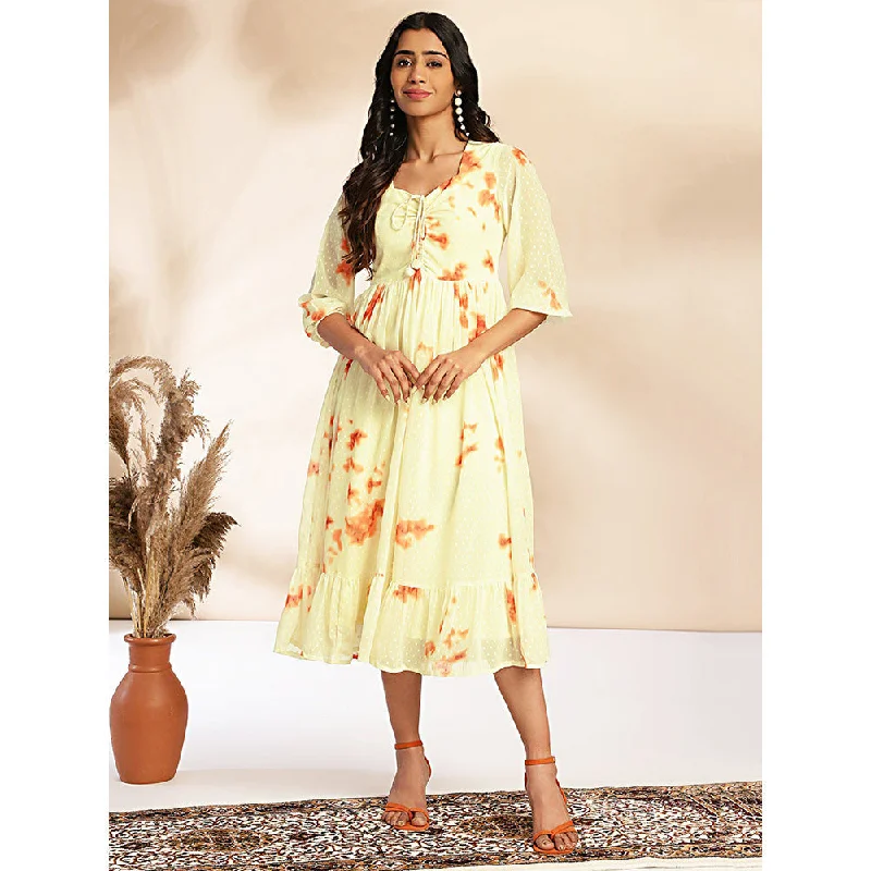 Janasya Womens Yellow Dobby Georgette Tie & Dye Fit and Flare Dress