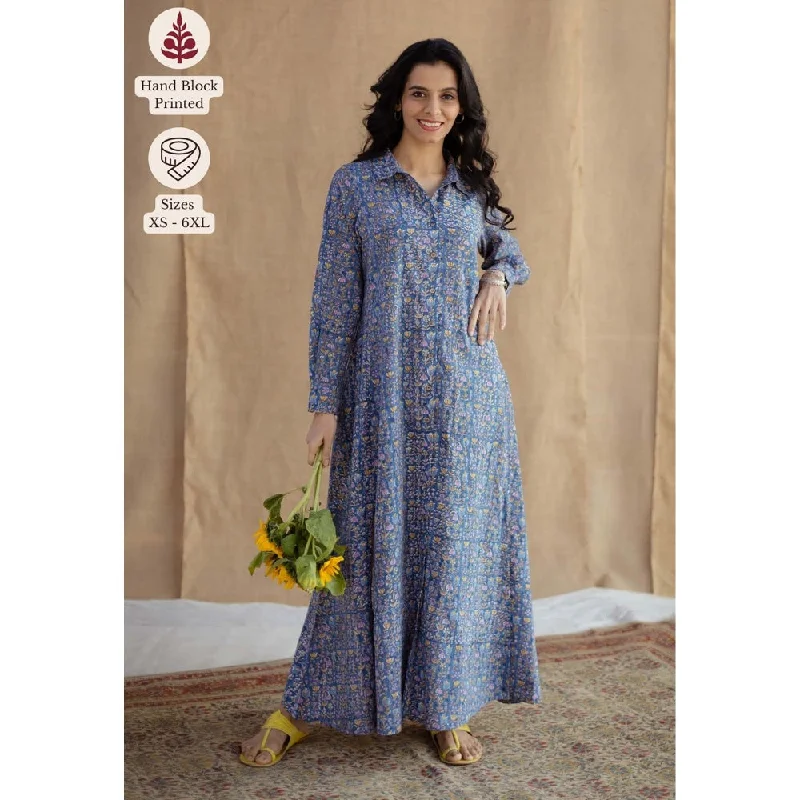 The Indian Ethnic Co. Blue A-Line Sanganeri Printed Slub Cotton Dress