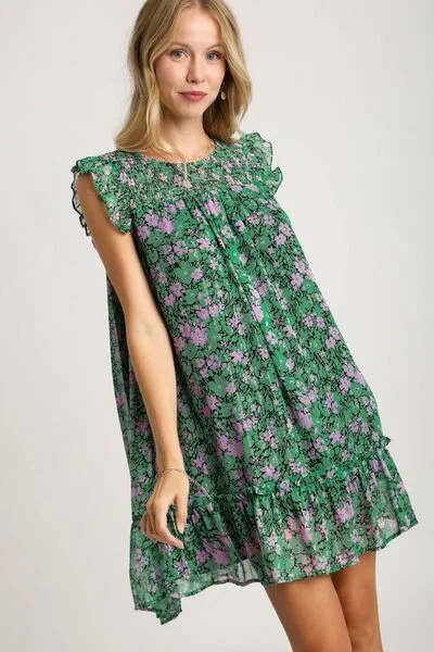 Smocked Detail Floral Metallic Ruffle Cap Sleeve Dress