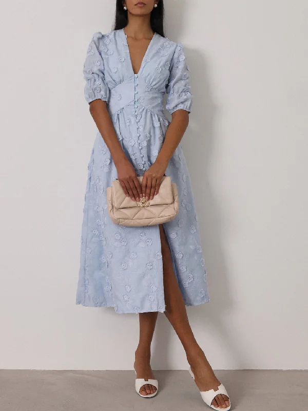 Sunday Day Dress With Applique Embroidery | Blue Floral
