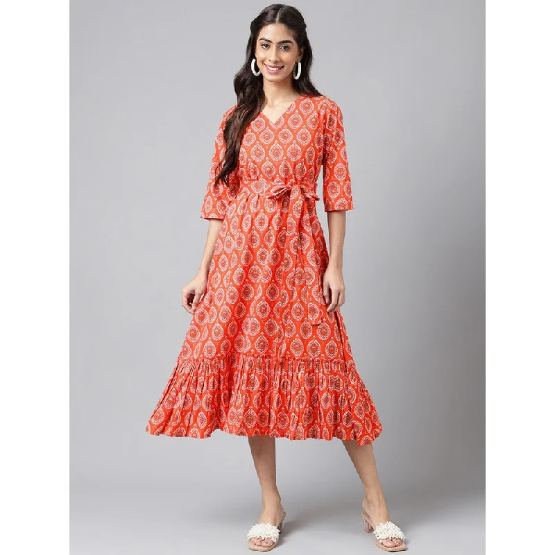 Janasya Womens Orange Cotton Ethnic Motifs Printed Ruffled Dress (Set of 2)
