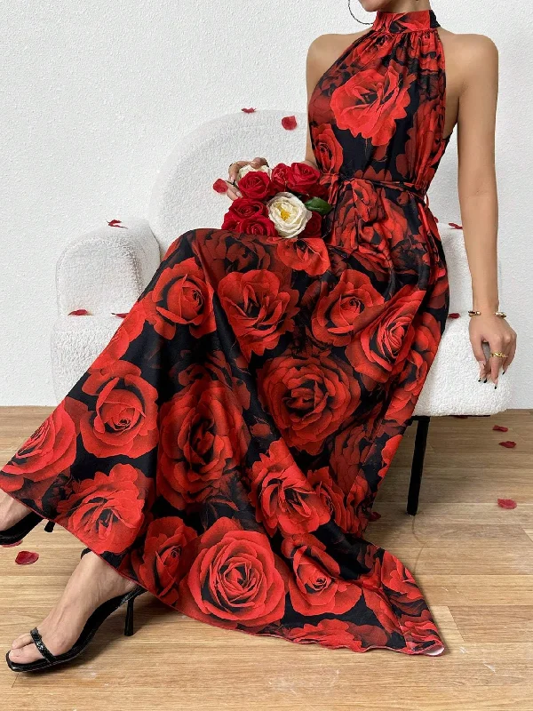 PRIV ROSE FLORAL PRINTED HALTERNECK DRESS