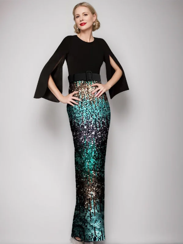 Trumpet/Mermaid Scoop Long Sleeves Floor-Length Retro Mother of the Bride & Groom Dresses with Belt