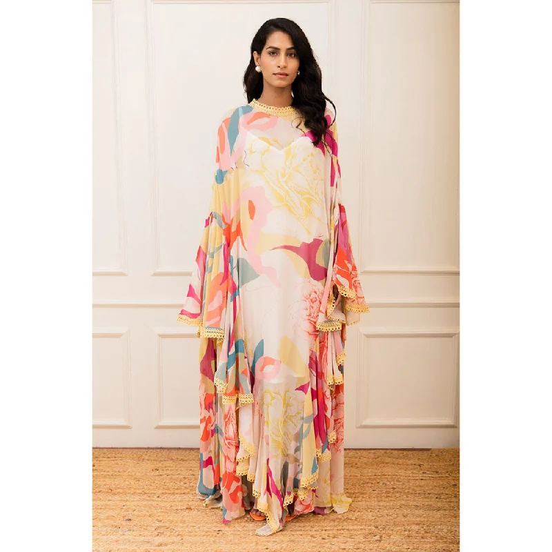 VARUN BAHL Floral Printed Ruffle Cape Dress